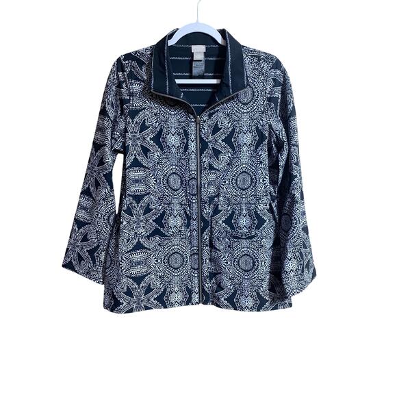 Chico's Women's Zip Up Top Jacket Collar Size 00 US 0-2 Blue White String Waist - Picture 6 of 8